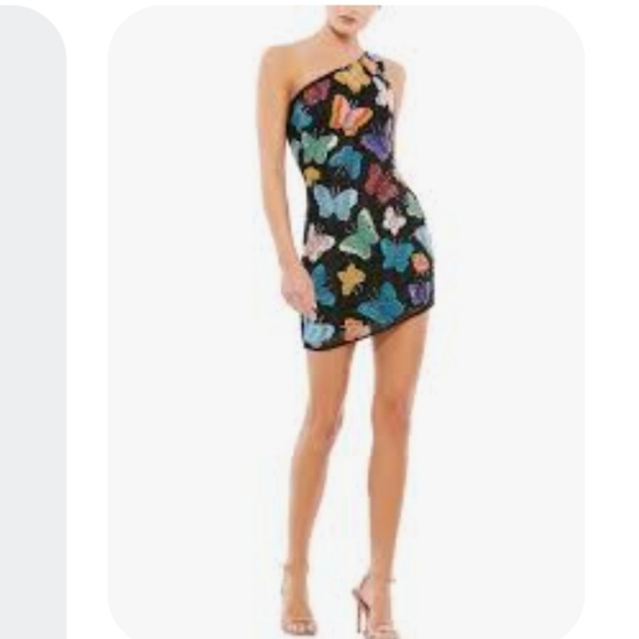 Mac Duggal Dresses & Skirts - Mac Duggal Black One-Shoulder Mini Dress with Multicolor Butterfly Motif
